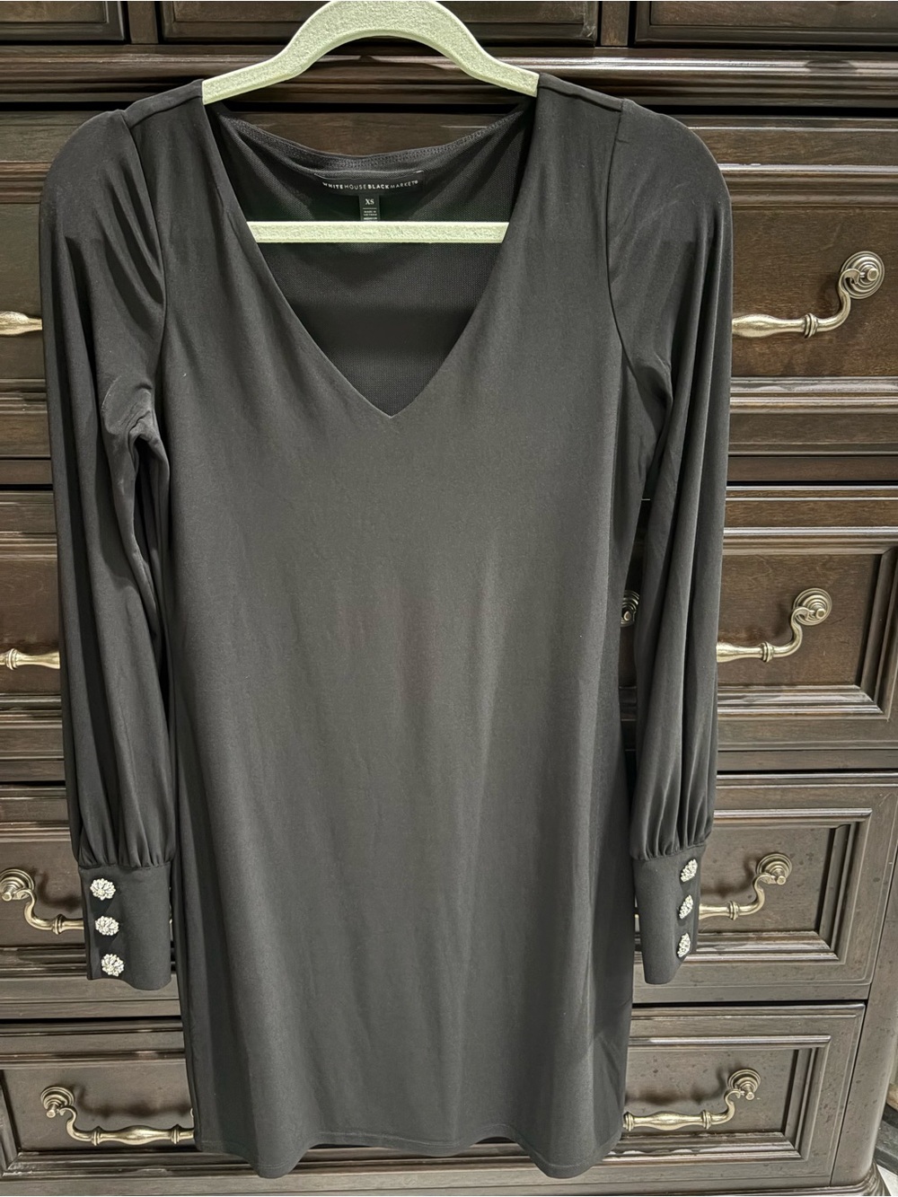 Long Sleeve Black, Stretchy Knit, Lined V-Neck Dress w/Embellished Cuffs - Sz XS